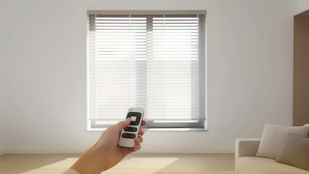 Smart motorized blinds being controlled remotely, highlighting comfort and energy efficiency