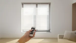 Smart motorized blinds being controlled remotely, highlighting comfort and energy efficiency