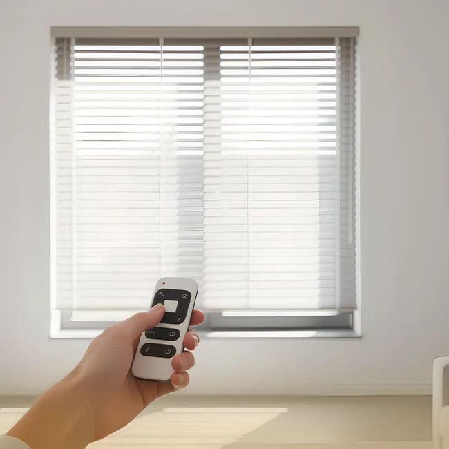 Smart motorized blinds being controlled remotely, highlighting comfort and energy efficiency