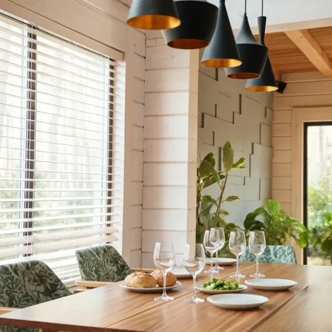 Window blinds installed in a restaurant, combining style and functionality to enhance the dining atmosphere