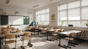 Modern school classroom with window blinds showcasing safety, style, and functionality