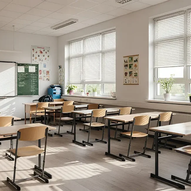 Modern school classroom with window blinds showcasing safety, style, and functionality