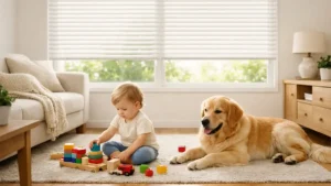 Child playing with toys and a dog in a bright room with child and pet-safe blinds