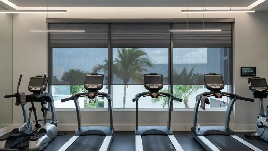 Modern gym interior with custom blinds on large windows, providing privacy, controlling light, and enhancing comfort and style