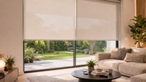 Modern living room with energy-saving blinds installed on the window to reduce heat and save energy