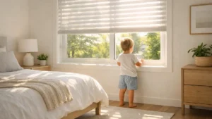 Child looking outside through a transparent window with summer blinds in a Canadian bedroom, wearing light summer clothes