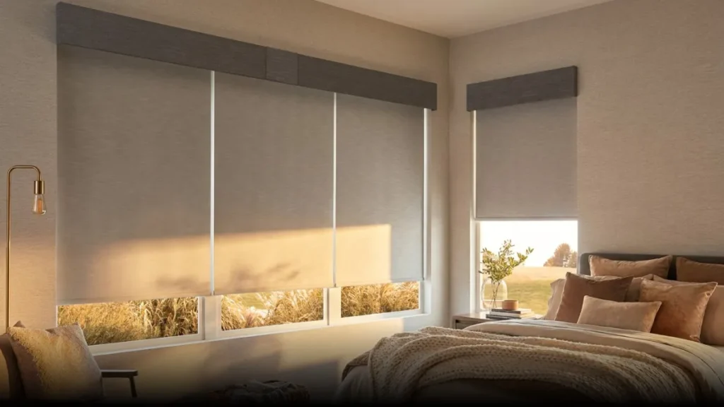 Light gray roller blinds filtering sunlight in a modern bedroom
