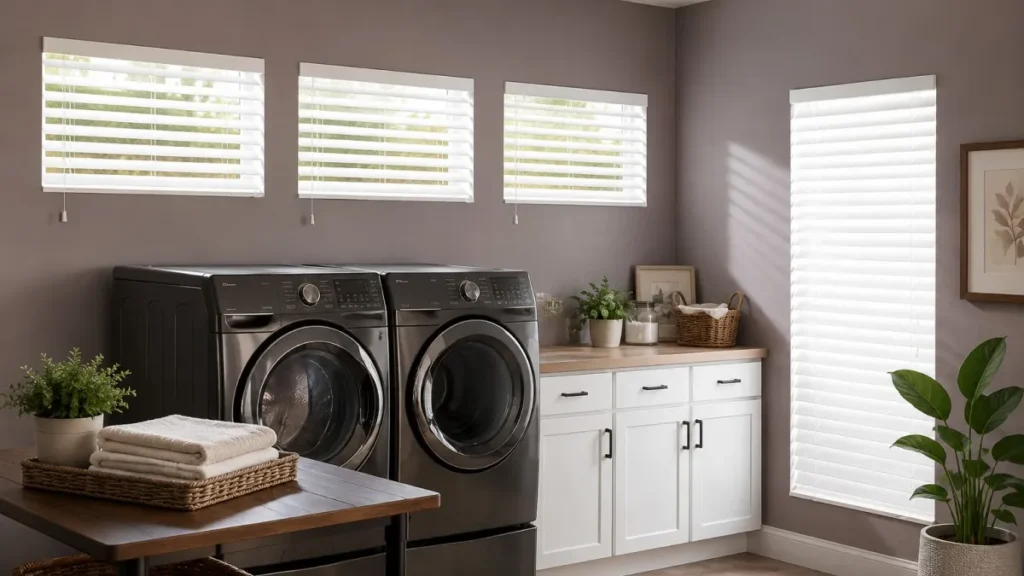 Modern basement laundry room with white blinds on small windows, demonstrating stylish and practical basement window treatments