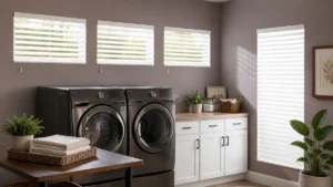 Modern basement laundry room with white blinds on small windows, demonstrating stylish and practical basement window treatments