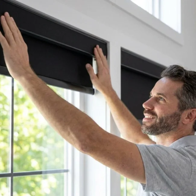 Homeowner installing roller blinds on a window with proper alignment for a secure fit