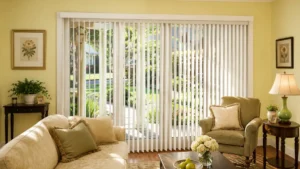 White vertical blinds covering a large living room patio door with natural light and modern home décor
