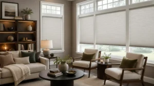 Modern living room featuring cordless cellular window blinds that provide natural light control, privacy, and a clean, minimalist design
