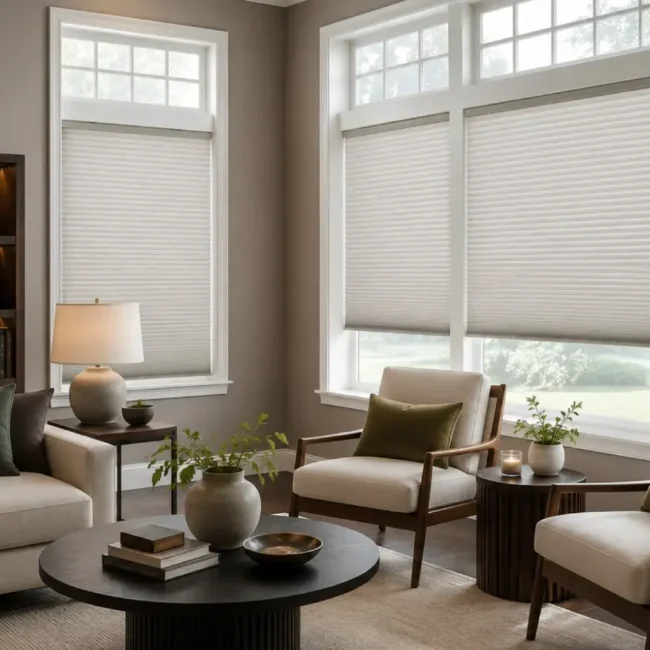 Modern living room featuring cordless cellular window blinds that provide natural light control, privacy, and a clean, minimalist design