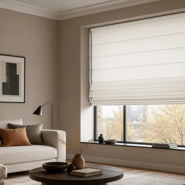 Modern living room featuring white Roman blinds, showcasing their elegant design and light-filtering functionality