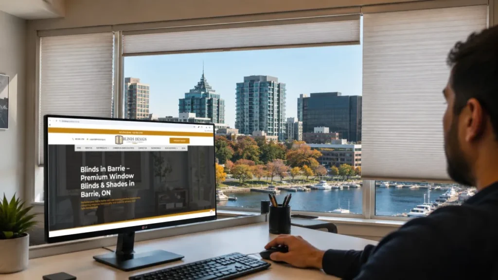 Business owner researching a custom blinds company in Barrie, Ontario, on a computer, with a waterfront city view and window blinds visible through large office windows