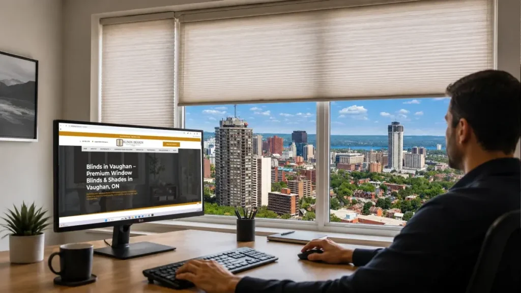 Business owner researching a custom blinds company in Vaughan, Ontario, on a computer, with a city view and window blinds visible through large office windows