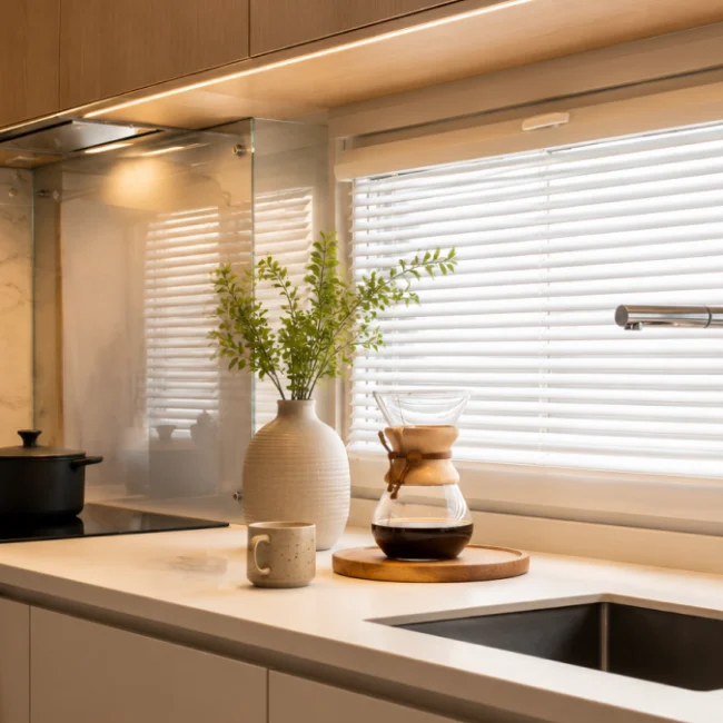 Modern kitchen with white horizontal blinds showcasing stylish kitchen window treatments for improved privacy, natural light, and contemporary design
