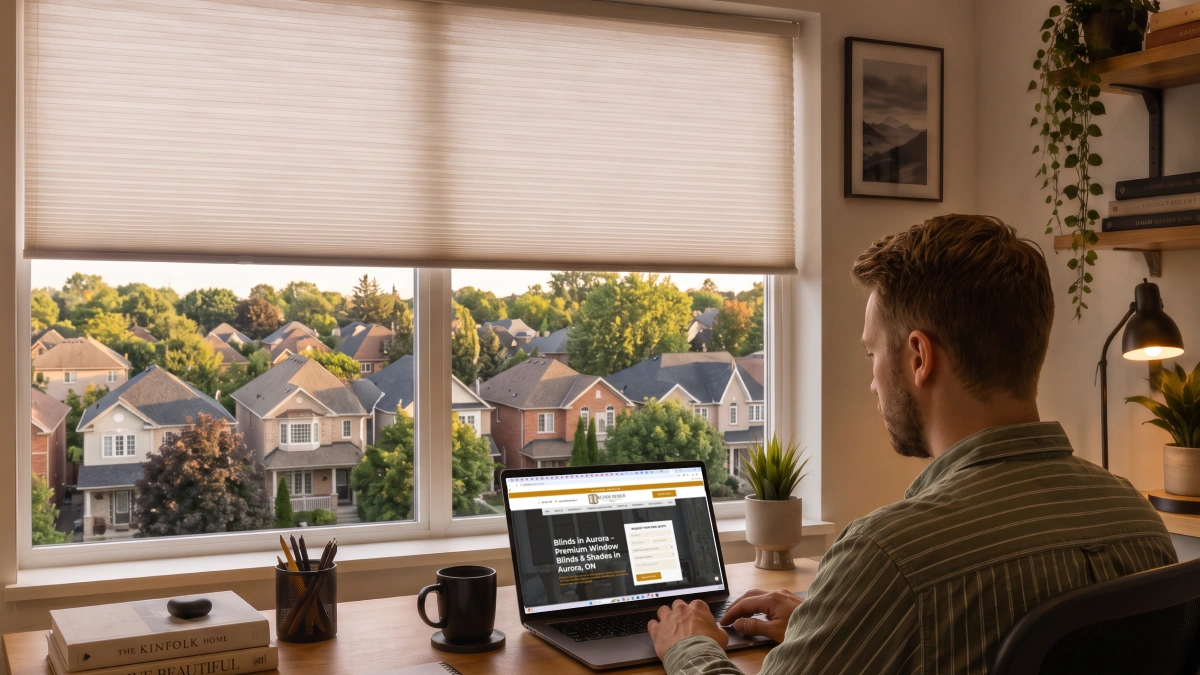 A homeowner researching a custom blinds company in Aurora, Ontario, on a laptop, with a residential view through large windows fitted with stylish blinds