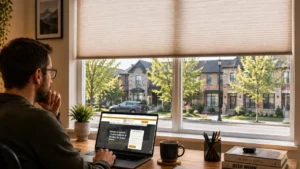 Homeowner researching a custom blinds company in Innisfil, Ontario, with a house visible through large windows fitted with blinds