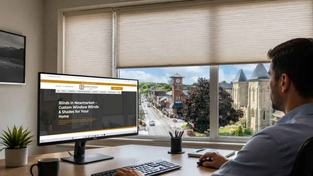 Business owner researching a custom blinds company in Newmarket, Ontario, on a computer, with a city view and window blinds visible through large office windows