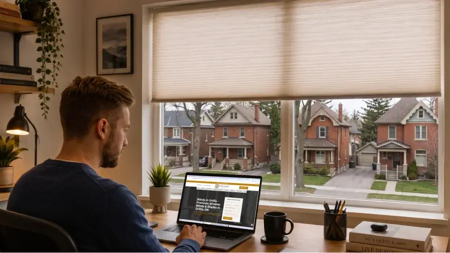 A homeowner researching a custom blinds company in Orillia, Ontario, on a laptop, with a residential view through large windows fitted with stylish blinds