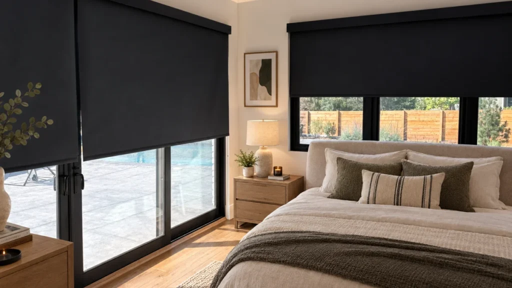 Blackout blinds covering large windows in a modern Canadian bedroom, providing privacy and light control